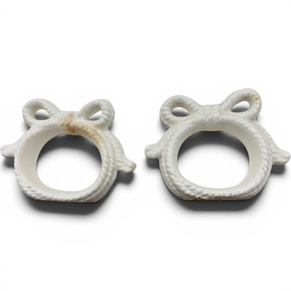 Audrey Taiwan White Rope Bow Ceramic Napkin Rings Set of 2 Vintage Table Decor